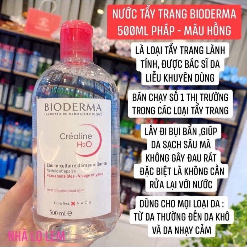 Tẩy trang Bioderma Crealine hồng / Sebium xanh lá 500ML