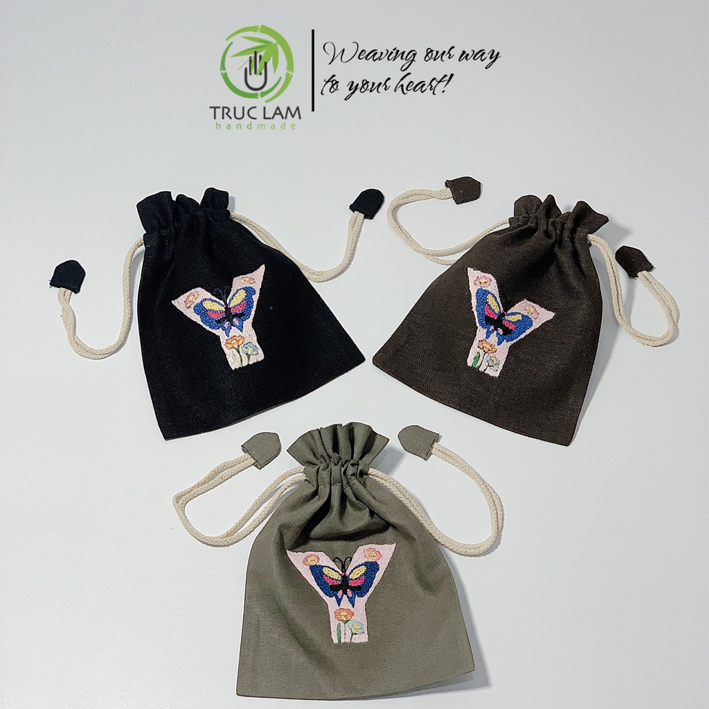 Túi Dây Rút Thêu Tay Họa Tiết Chữ Cái Y Phối Hoa Văn Nhiều Màu Sắc - Trúc Lâm Handmade