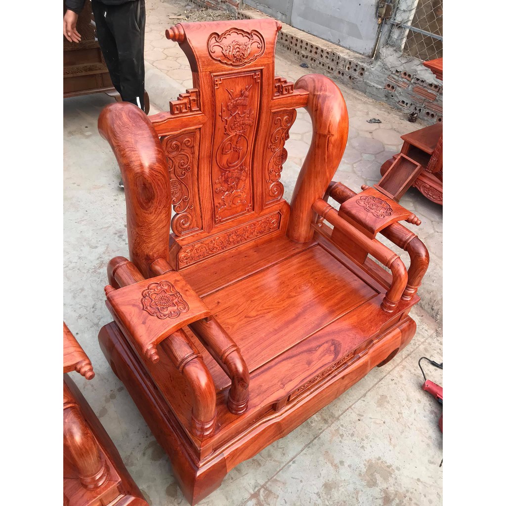 Bộ bàn ghế tần thủy hoàng gỗ hương đá tay 12 hàng cột liên yếm liền