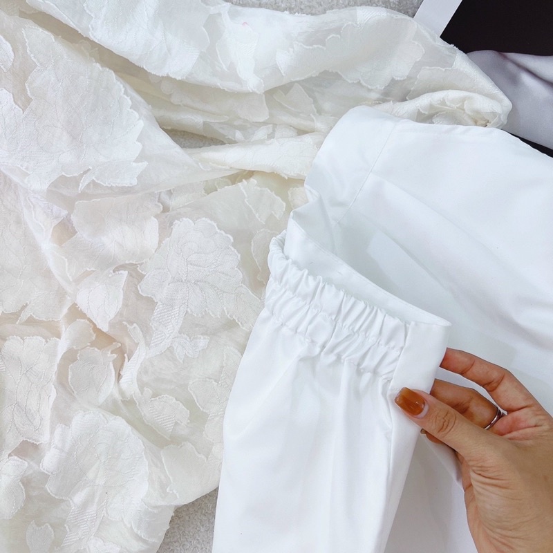 Set áo trễvai hoa tay lỡ cột nơ kèm quần