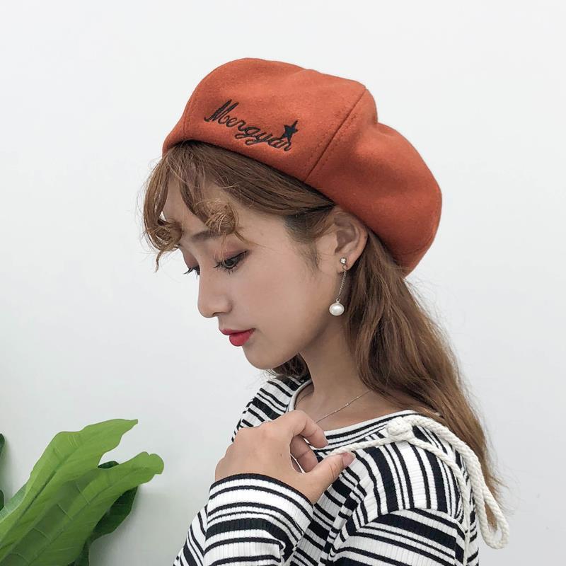 Mũ Len Beret Ladies Woolen Letters Embroidery Korean Retro Pumpkin Hat