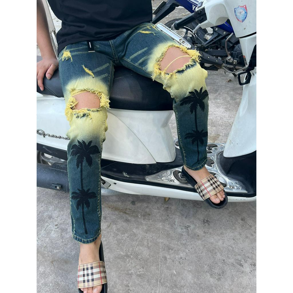 Quần Bò Xanh Cây Dừa Quần Jean Nam Amiri Slimfit Wash Xanh Vàng in hình cây dừa phối rách tua gối vá da