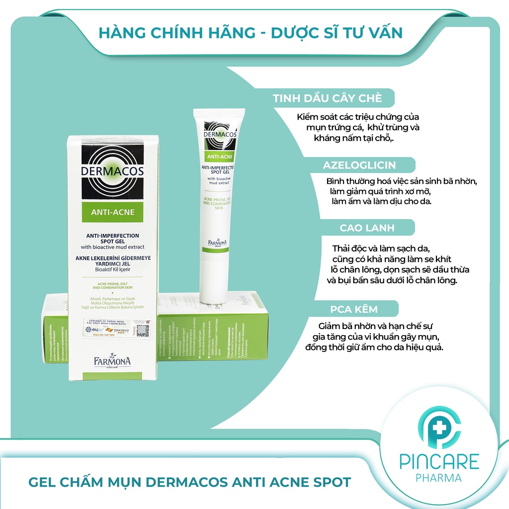 Gel chấm mụn giảm viêm Dermacos Anti Acne Anti Imperfection Spot Gel 15ml - Hàng chính hãng - Nhà thuốc PinCare