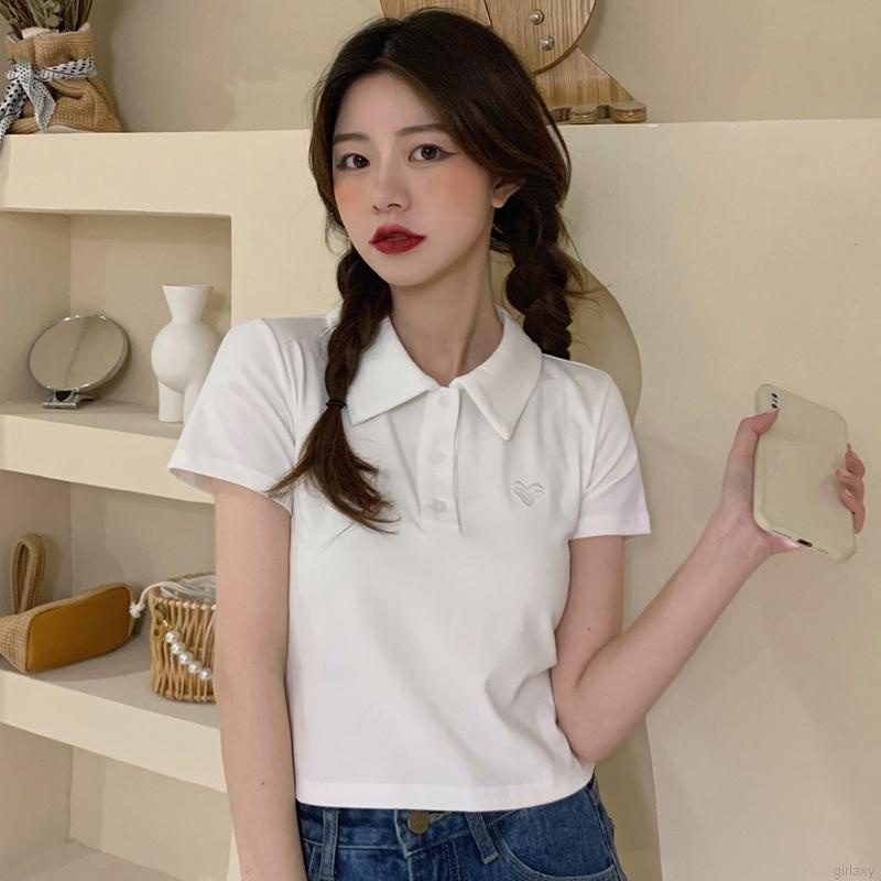 Áo thun croptop tay ngắn thêu hình trái tim phong cách Hàn Quốc cho nữ