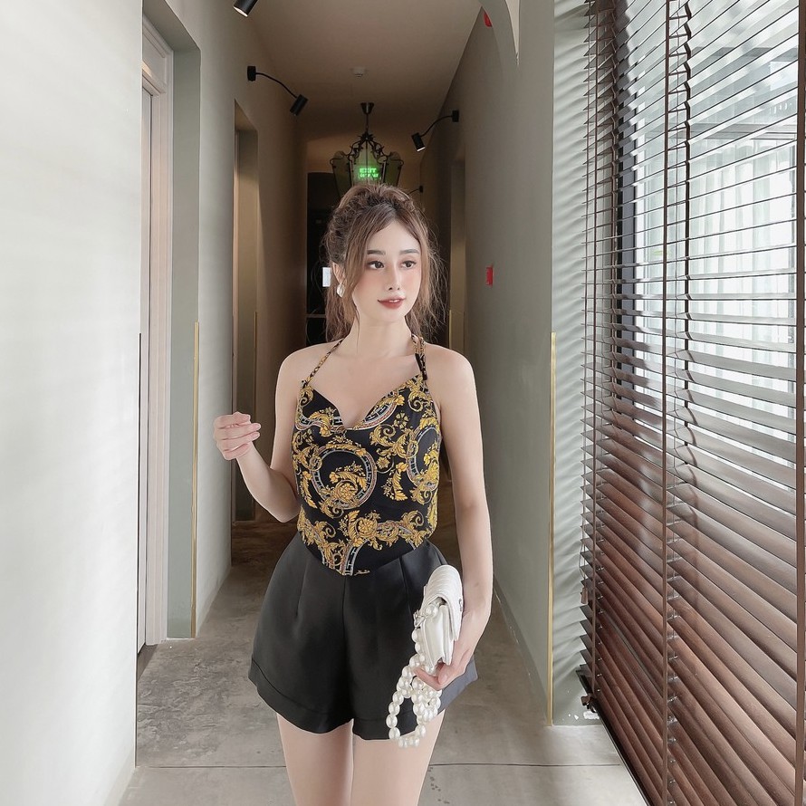 Áo crop họa tiết độc đáo buộc nơ hở lưng