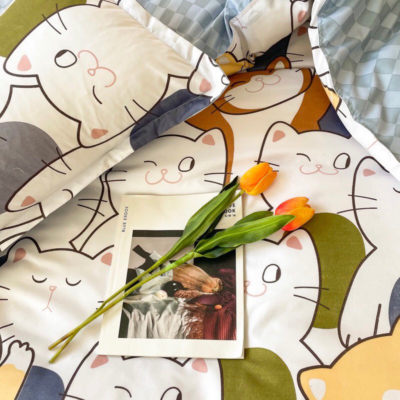 Bộ chăn ga gối Cotton poly M2T bedding vỏ chăn mền, drap ga giường và 2 vỏ gối nằm họa tiết mèo nhí nhố | BigBuy360 - bigbuy360.vn