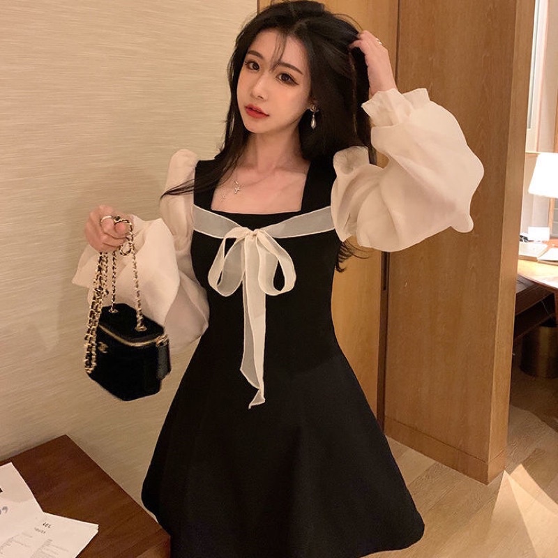 váy tiểu thư thiết kế màu đen dáng xoè nơ ngực