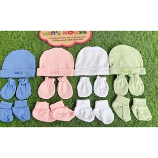 Set Mũ Bao Tay Chân Bo Chun Vải Cotton Co Dãn Màu Trơn 0-6 Tháng