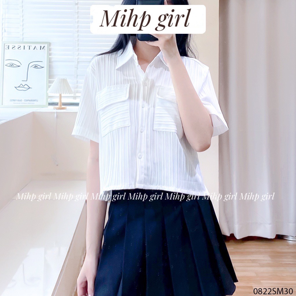 Áo sơ mi croptop 2 túi oversize vải xốp gân