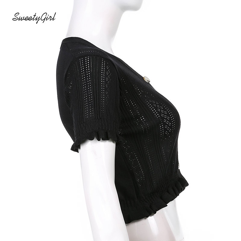 Áo Thun Dệt Kim Tay Ngắn Cổ Chữ V Màu Đen Trơn Cài Nút Thời Trang 2022 Quyến Rũ Cho Nữ