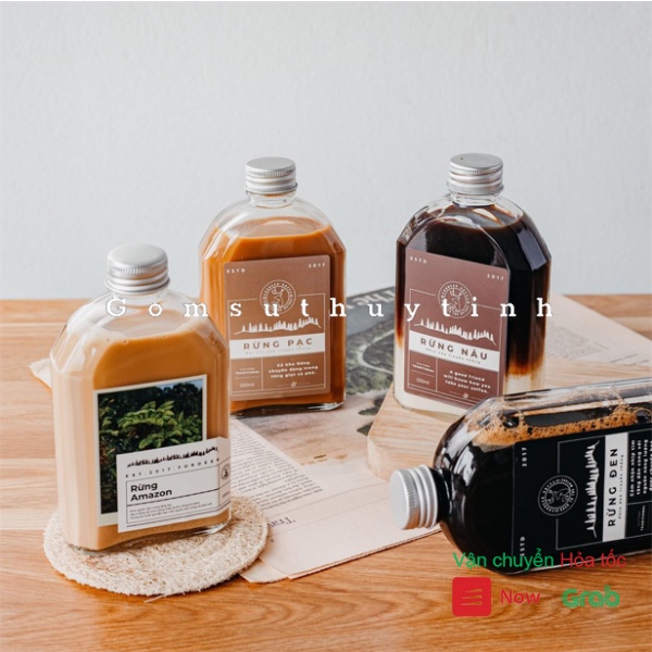Chai thủy tinh cổ dẹt thấp nắp thiếc đựng coldbrew, coffee dung tích 250ml