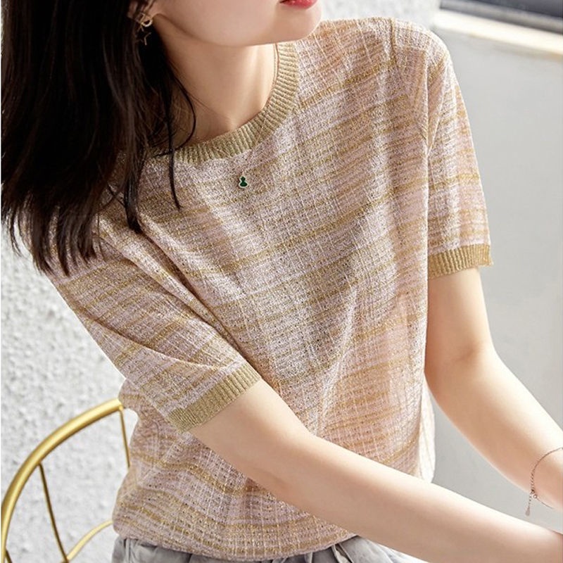 Áo Dệt Kim Ngắn Tay Màu Sắc Tương Phản Thời Trang 157410 Áo Thun Mỏng Cổ Tròn Dáng Rộng Thời Trang Mùa Hè Phong Cách Retro