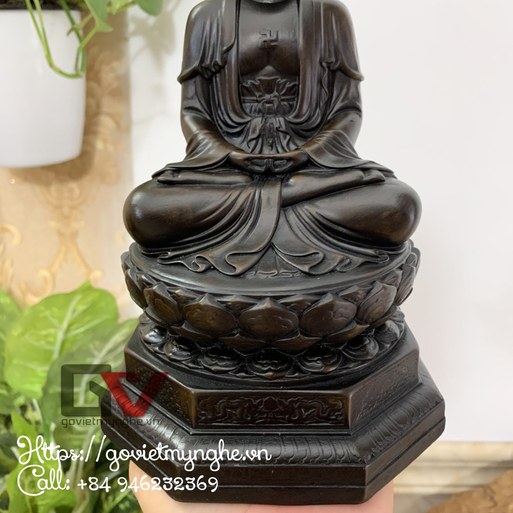 Tượng Đức Phật A Di Đà ngồi tòa đài sen đế hình bát giác mô phỏng trên đỉnh Fansipan Sapa - Chiều Cao 20cm - Màu Nâu Đen