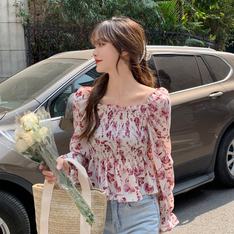 Áo voan BH tay dài cổ vuông họa tiết hoa dáng ôm thời trang Hàn Quốc dành cho bạn nữ