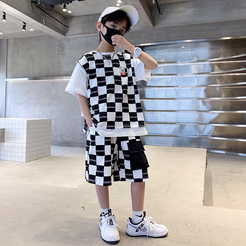 Bộ đồ bé trai Con Xinh cotton hình in Gấu ô vuông JUSTDOIT, thời trang dành cho trẻ em từ 4 đến 10 tuổi