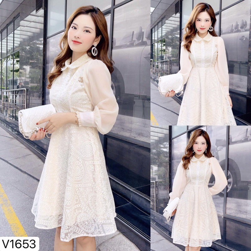 Váy nữ đi tiệc hàng thiết kế DVC,đầm phối ren cao cấp dáng xòe cổ sen, dáng xòe đẹp sang chảnh có video ảnh thật độc | BigBuy360 - bigbuy360.vn