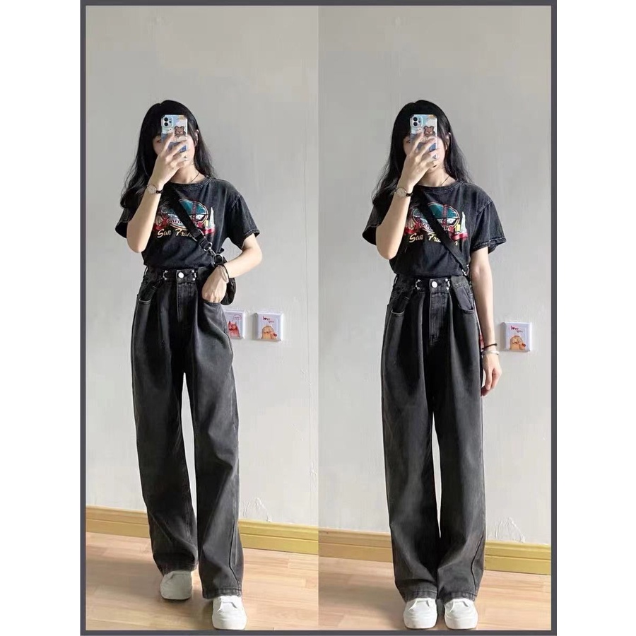 Quần jean thiết kế ống suông rộng phong cách thời trang retro cá tính