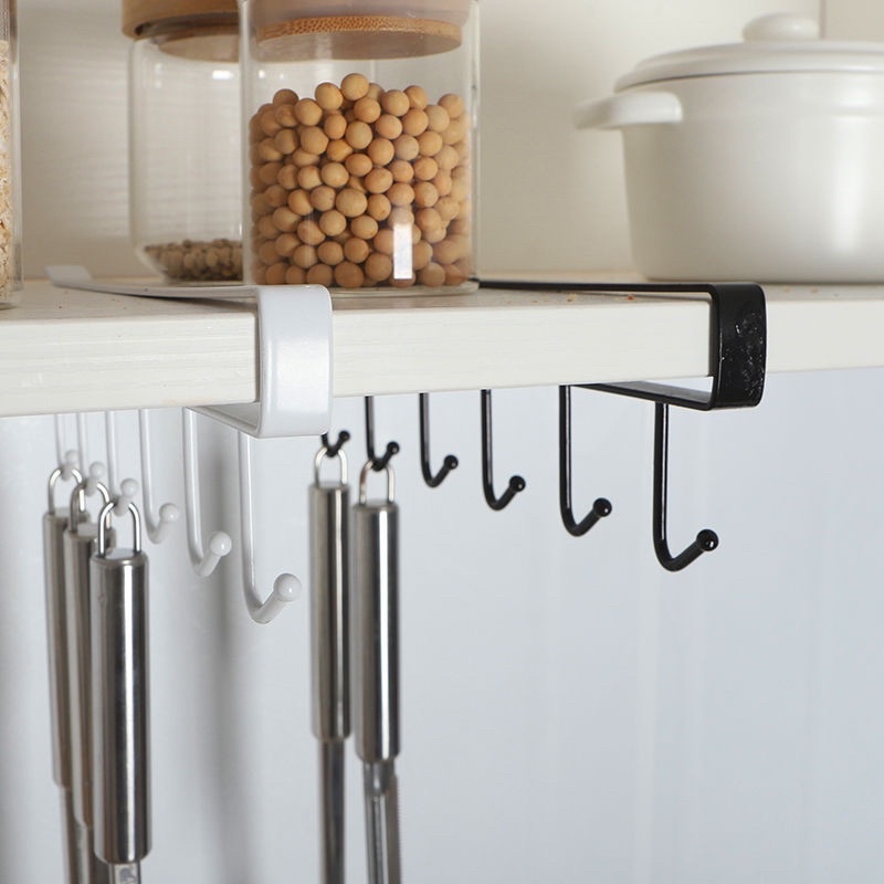 Thanh móc treo đồ gắn tủ bếp, kệ nhà bếp 6 móc bằng sắt tiện lợi - Móc treo ly chén, đồ dùng nhà bếp gắn tủ kệ đa năng