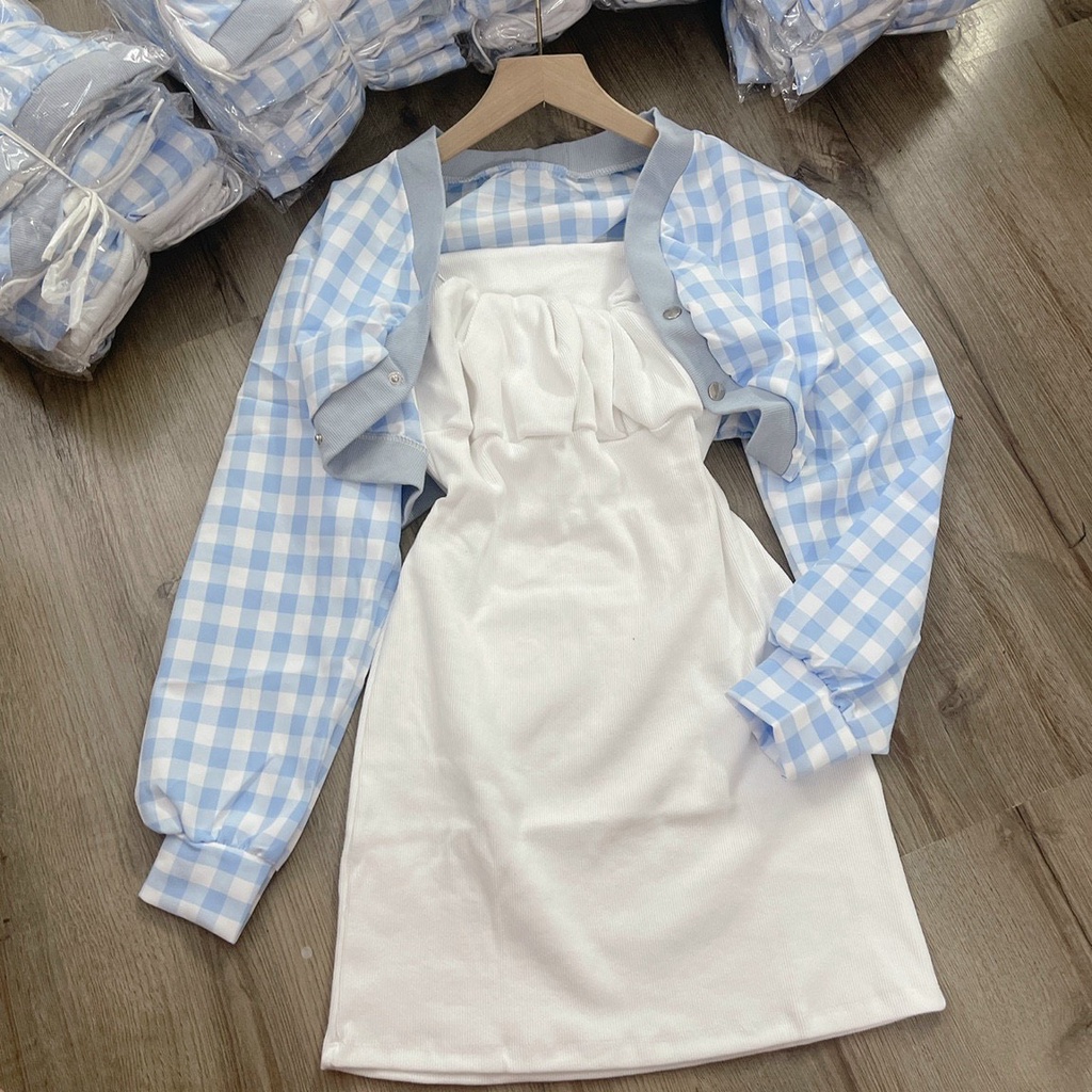Set đầm 2S+khoác caro xanh KÈM ẢNH THẬT  BAO KIỂM ❌