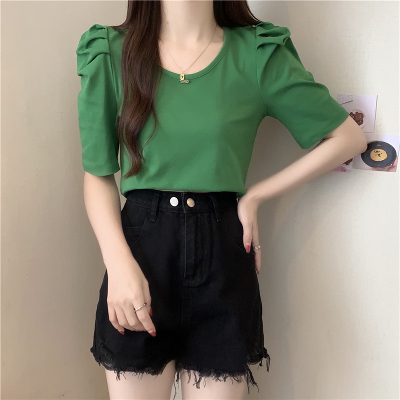 Áo thun SUXI tay phồng ngắn cổ tròn màu trơn đơn giản dễ phối đồ thời trang dành cho nữ