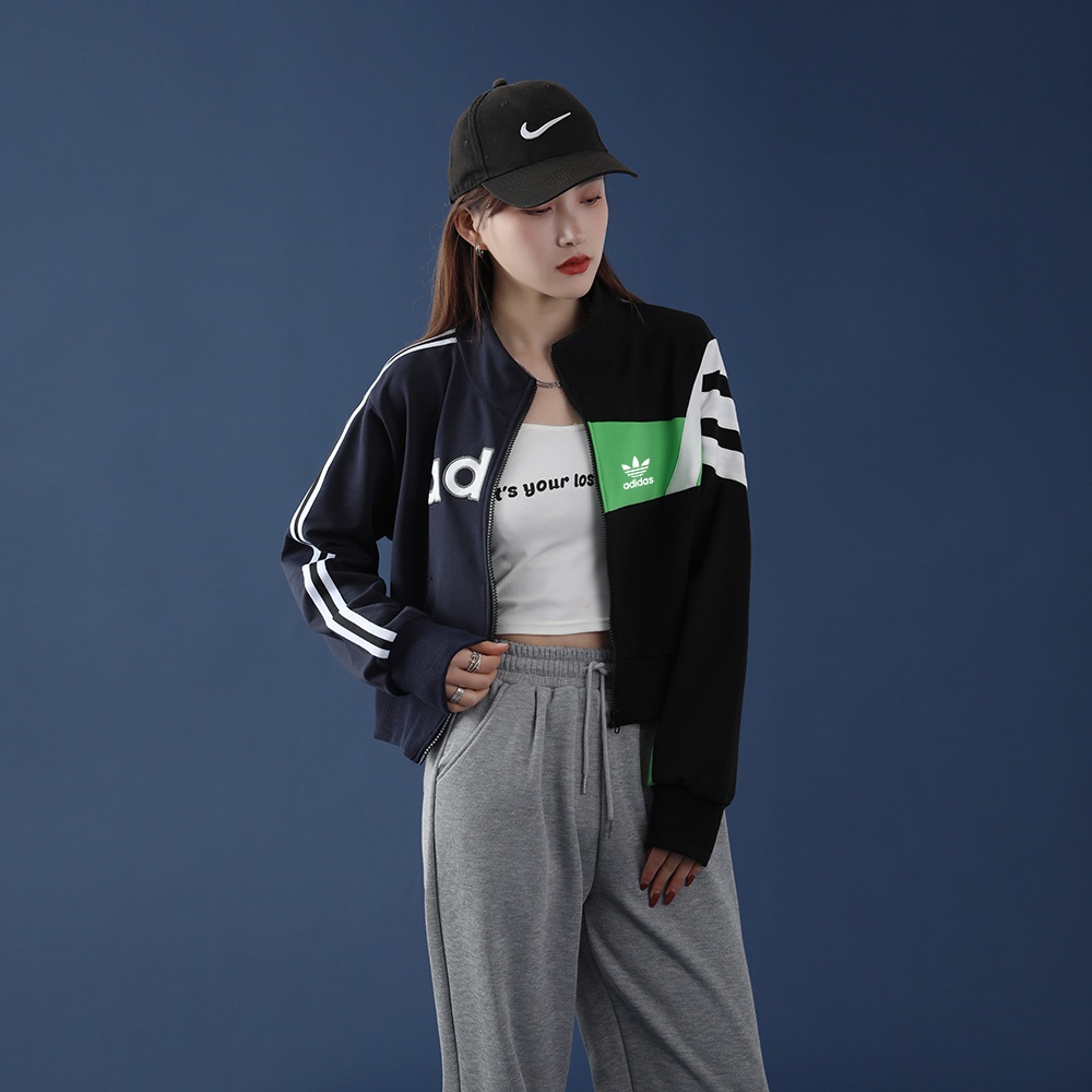 Áo Khoác Sweater Adidas Vải Cotton Cổ Phối Màu Tương Phản Cá Tính Cho Nữ