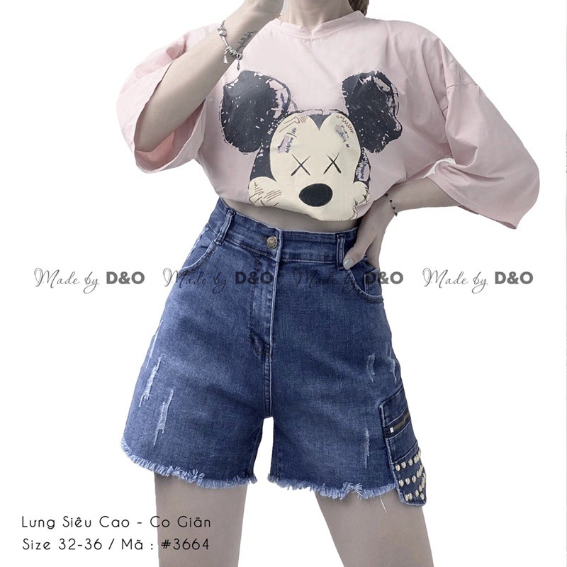 Quần Bò Lưng Cao / Quần Short Jeans Co Giãn Đậm - Đính Hạt