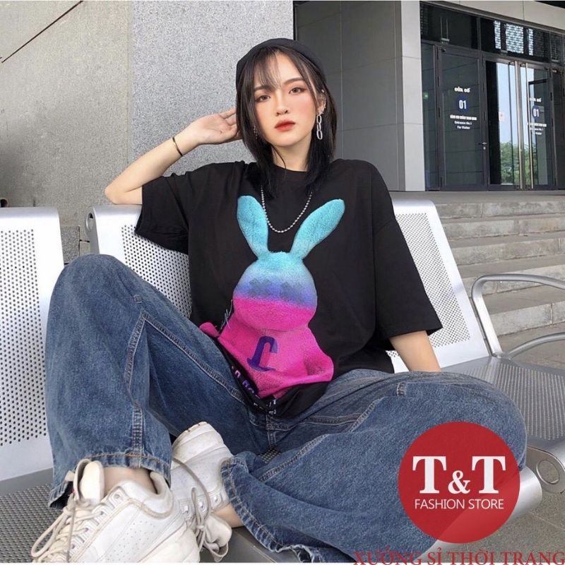 Áo Thun Tay Lỡ Form Rộng Đen Unisex - Áo Phông Nam Nữ Cổ Tròn Hình Thỏ Dễ Thương-ATCTD112 [Hình thât]