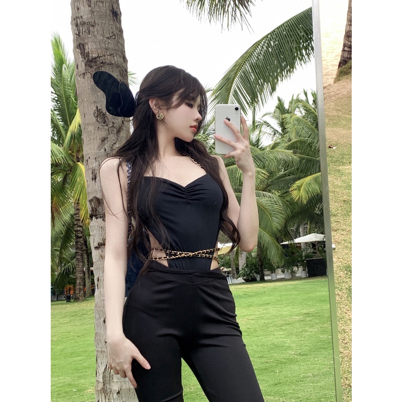 Set Áo Yếm Màu Đen + Chân Váy Hoa Lưng Cao Phong Cách Trung Hoa Thời Trang Mùa Hè Dành Cho Nữ