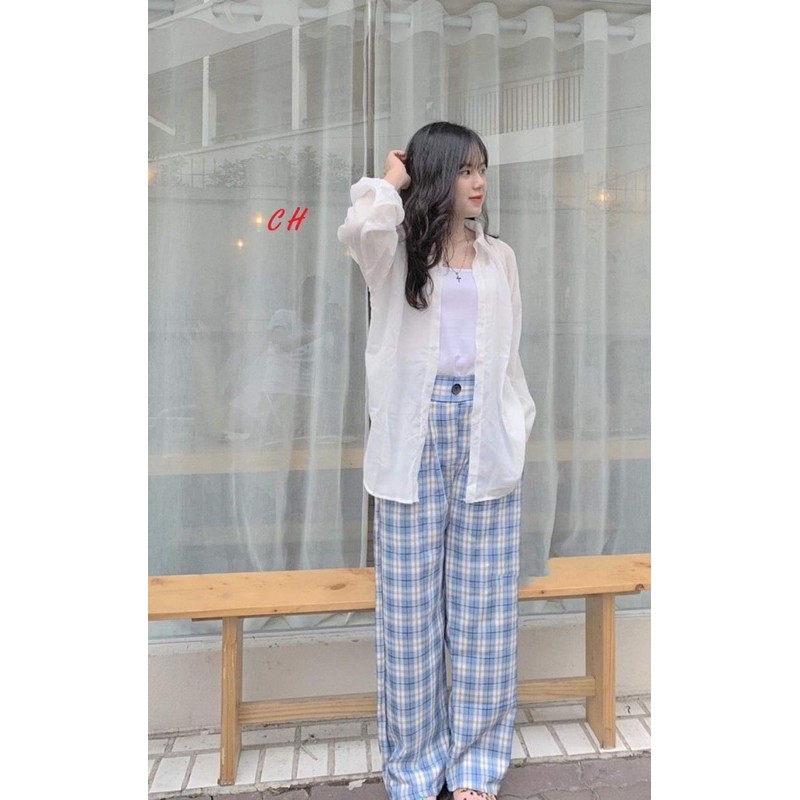 Sét ba món áo sơ mi +áo 2s+quần kẻ xanh cúc