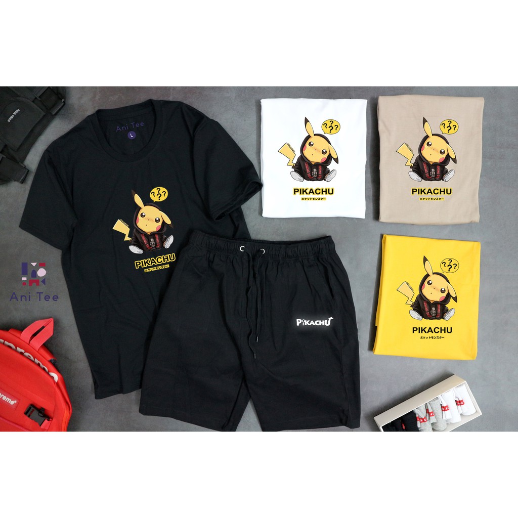 [UNISEX] COMBO ÁO THUN COTTON + SHORT KAKI PIKACHU HOẠT HỌA