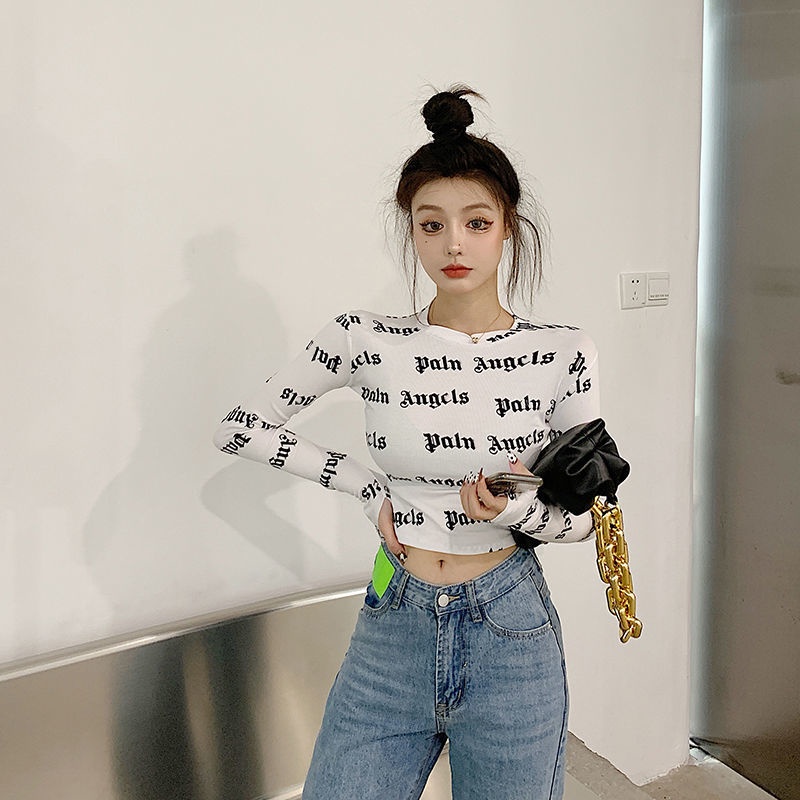 IELGY Áo Thun Lửng Tay Dài Dáng Ôm In Chữ Thời Trang Cho Nữ