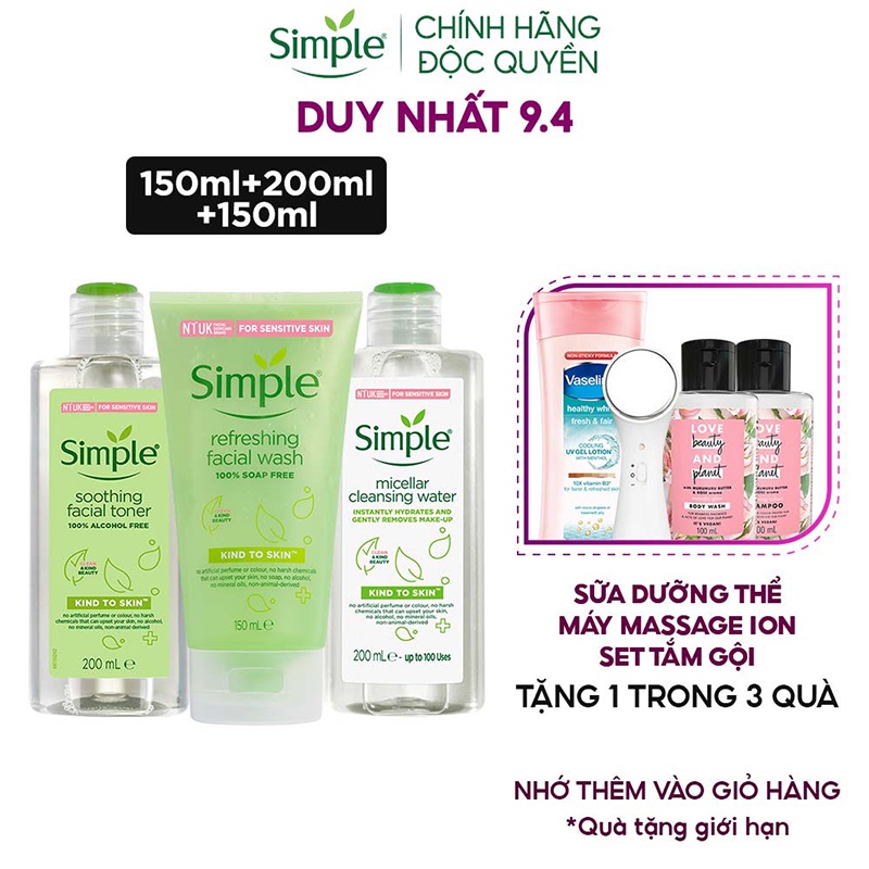 [CHÍNH HÃNG] Combo Simple Tẩy trang 200ml + Sữa rửa mặt 150ml + Nước cân bằng 200ml cho da sạch khỏe đàn hồi