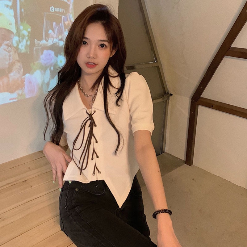 Áo Thun Tay Ngắn Cổ Polo Phối Dây Cột Thời Trang Mùa Hè Xinh Xắn Cho Nữ