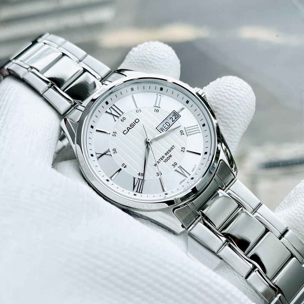 Đồng hồ Nam Casio MTP-1384D-7AV, đồng hồ chính hãng, dây bạc mặt trắng