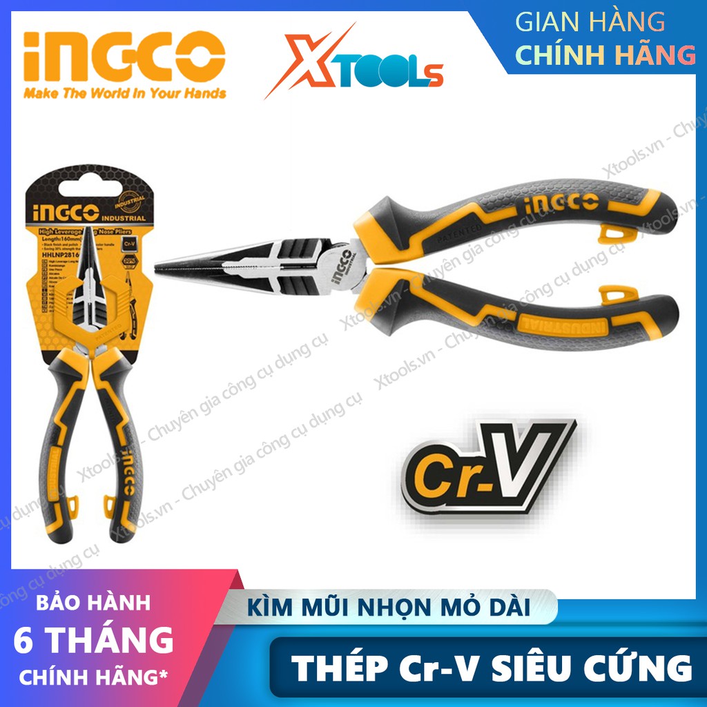 Kìm mũi nhọn mỏ dài cao cấp INGCO 6&quot; 8&quot; kềm thép Cr-V chống rỉ sét cong vênh tay cầm cách điện tiết kiệm 30% sức lực