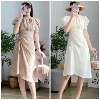 Đầm cổ tròn rút dây eo 2 màu trắng nude đi tiệc đi làm đi chơi