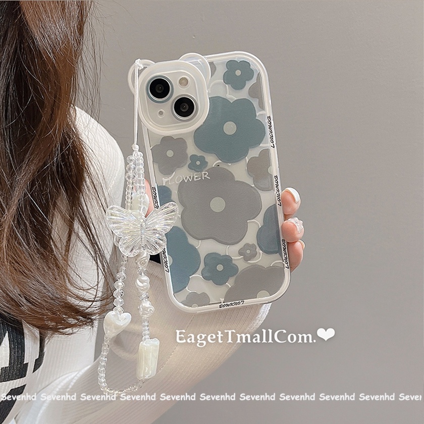 Ốp Điện Thoại Dẻo Họa Tiết Tai Gấu &amp; Hoa Màu Xanh Dương Xinh Xắn Cho iPhone 13 12 11 Pro Max Xs Max Xr X 7 8 6 6s Plus