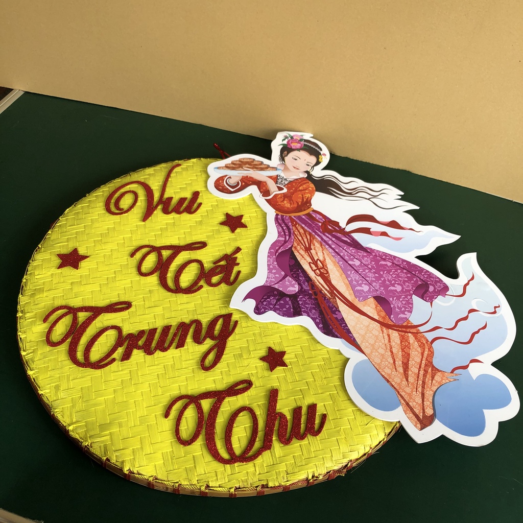 Mẹt tre trang trí Vui Tết Trung Thu cùng chị Hằng Nga dưới ánh trăng tròn đường kính 60cm chữ xốp nổi phủ nhũ lấp lánh