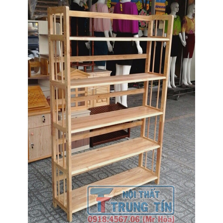 Kệ sách gỗ cao su, kệ sách 5 tâng, đầy đủ kích thước, để sách, tài liệu, gấu bông tiện lợi