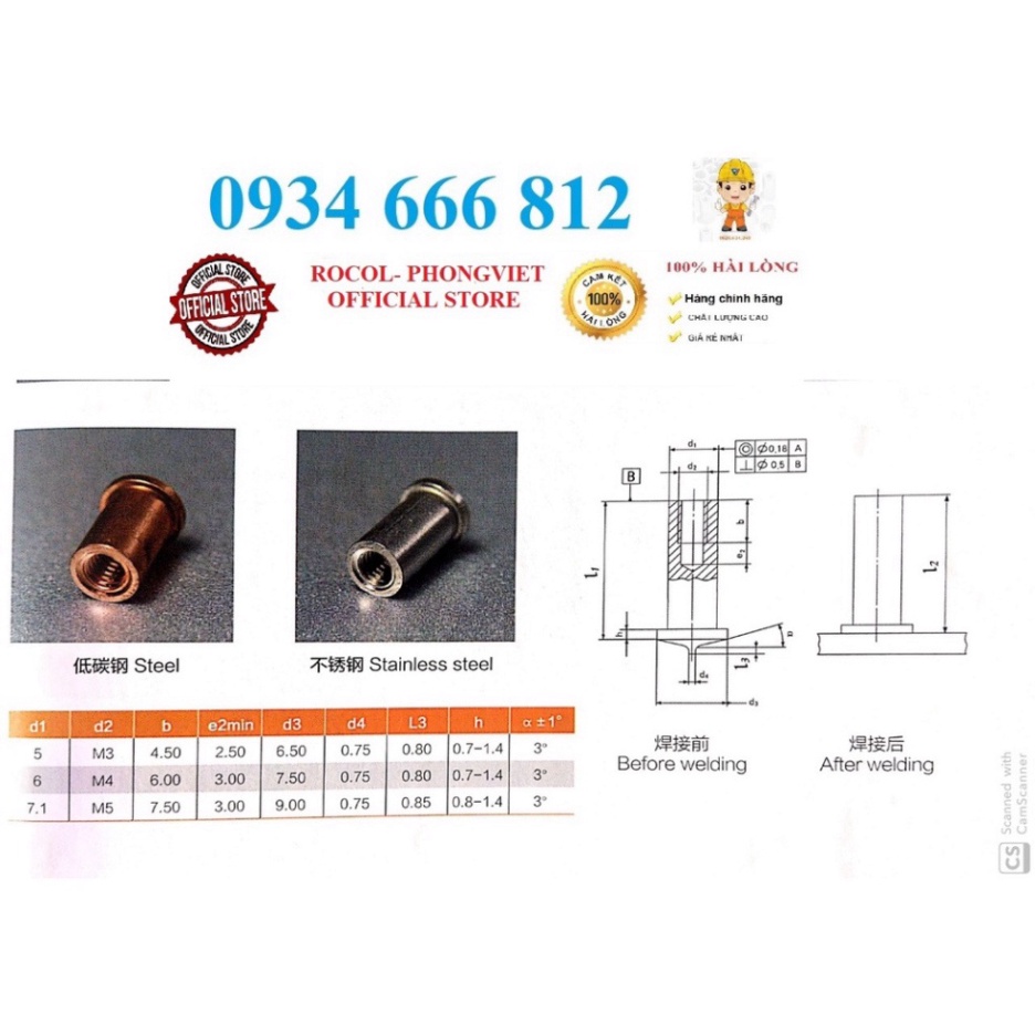Combo 50c ecu hàn chập hàn nổ M6x10, M6X15 thép mạ đồng
