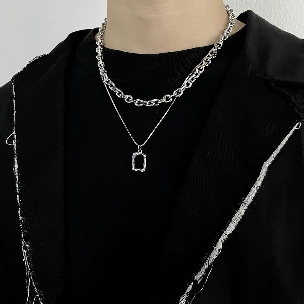 Dây chuyền nam nữ  2 tầng mặt vuông gợn sóng Vòng cổ unisex