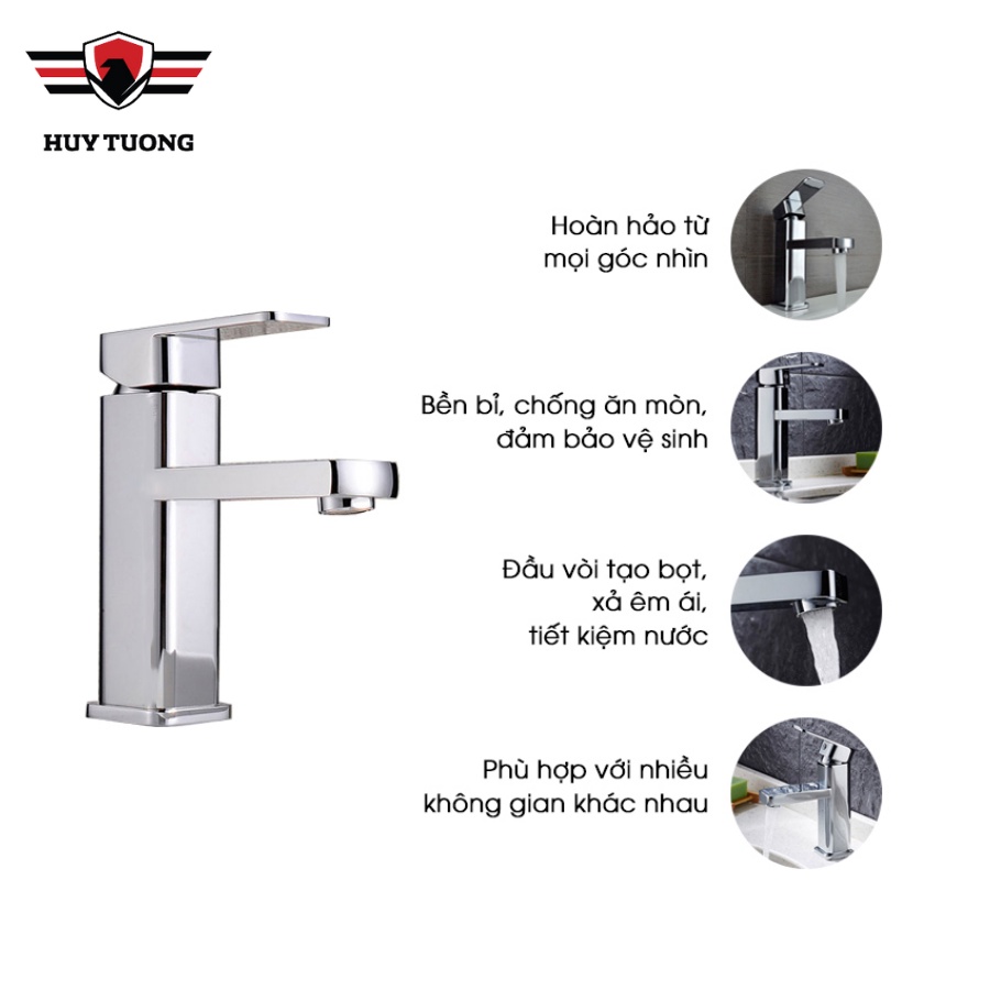 Vòi nước lavabo nóng lạnh inox 304 , vòi bồn rửa mặt chống văng nước mẫu vuông cao cấp - Huy Tưởng