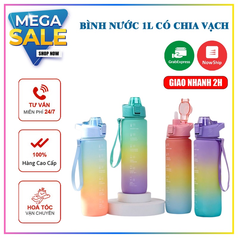 Bình Nước 1L Có Vạch Báo Giờ Uống Nước Phối Màu 3D