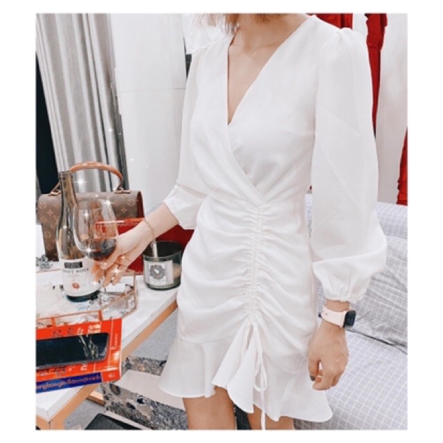 Đầm váy dự tiệc tay dài rút dây 2 màu