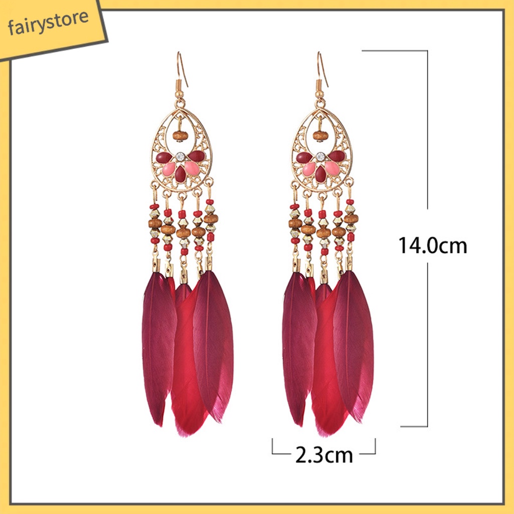 1 Đôi Bông Tai Dáng Dài Phối Lông Vũ Phong Cách Bohemian Thời Trang