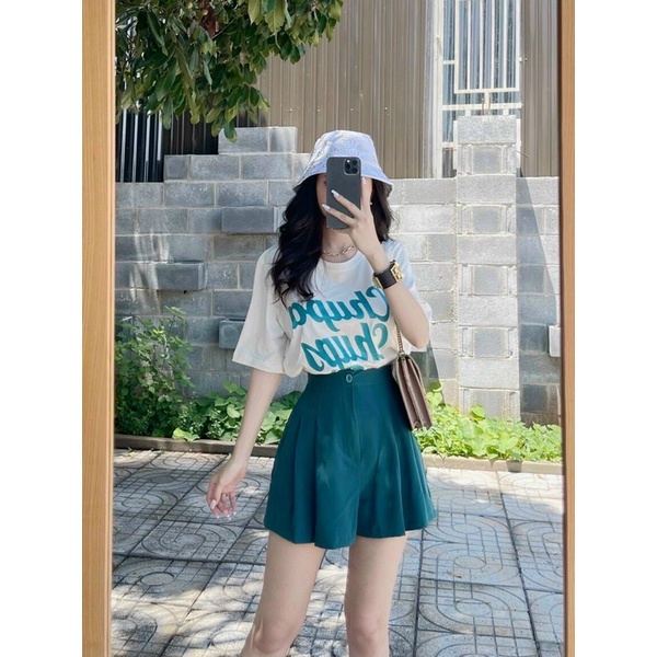 Set áo thun chưc + quần short ống rộng xếp li tôn dáng