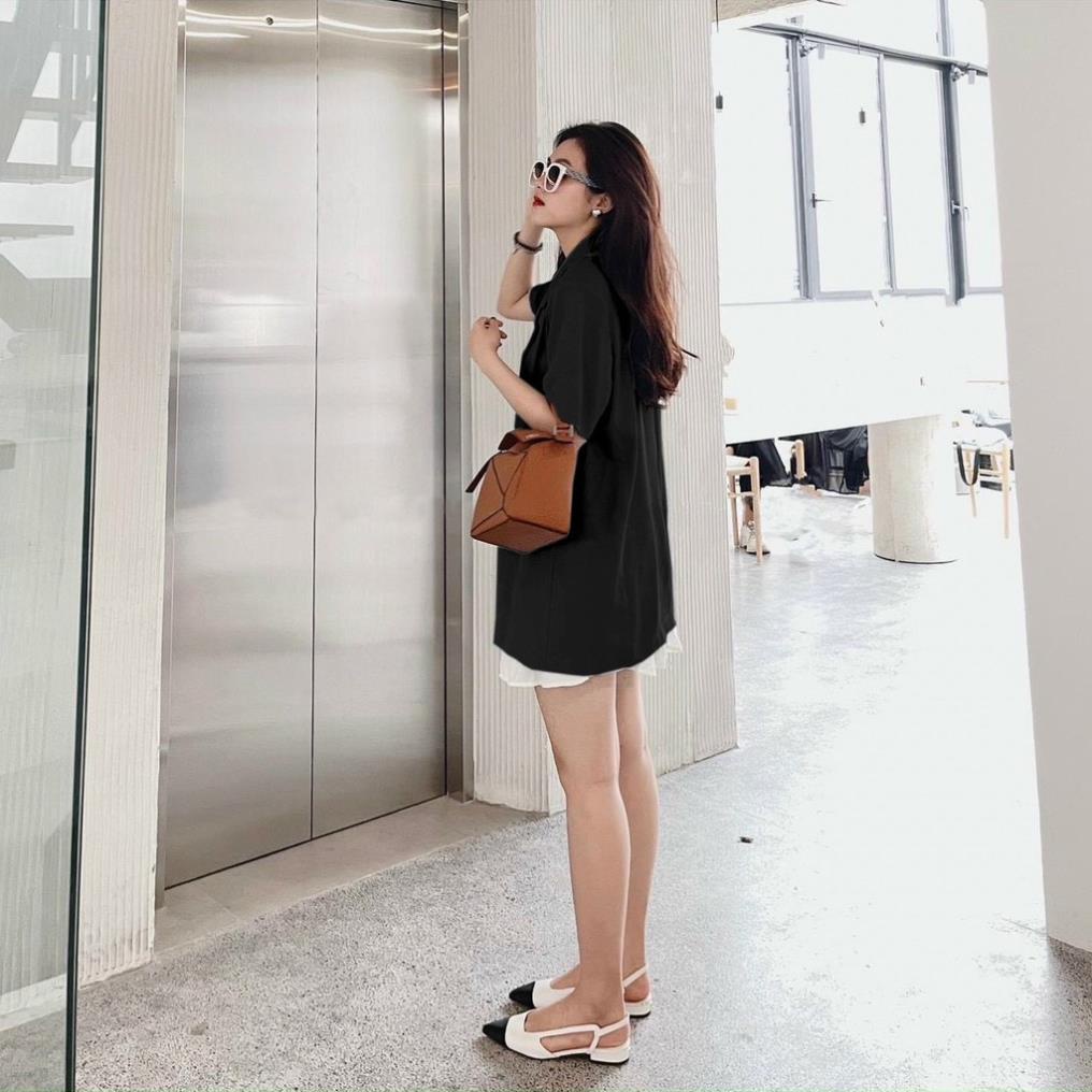 Áo vest-blazer vạt bầu cộc tay dáng suông vải trượt mặc mùa hè H100