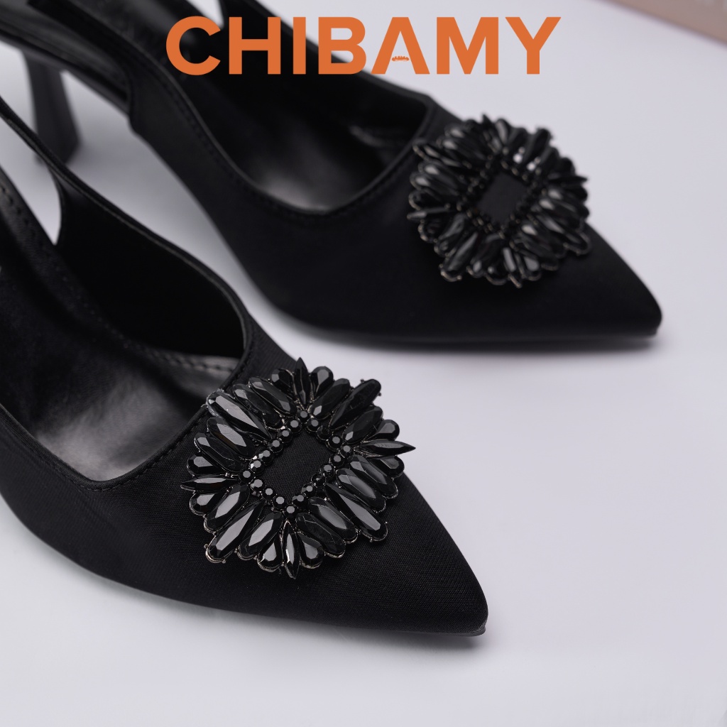 Giày cao gót nữ bít mũi ZR đính đá đen, giày gót nhọn CHIBAMY cao 8cm chất vải mềm