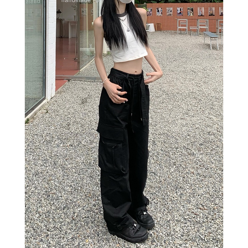 Quần Dài Lưng Cao Dáng Rộng Nhiều Túi Thời Trang Mùa Hè Cho Nữ