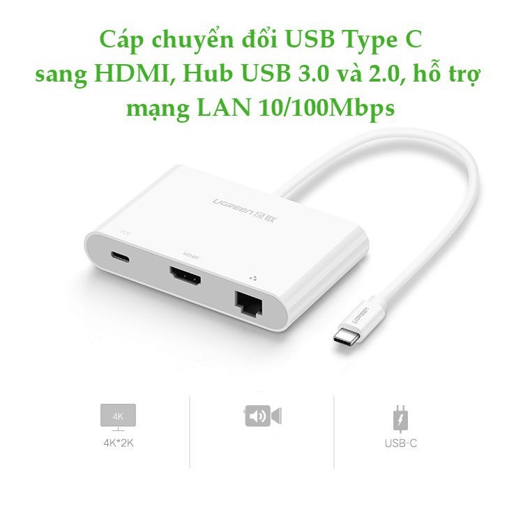 Cáp USB Type C to HDMI + LAN + 2USB/USB-C chính hãng Ugreen 30440